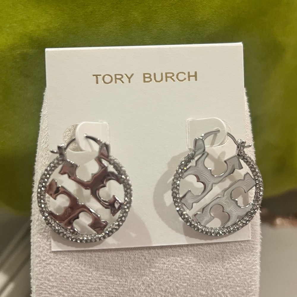 Tory Burch Miller Silvertone & Crystal Hoop Earrings